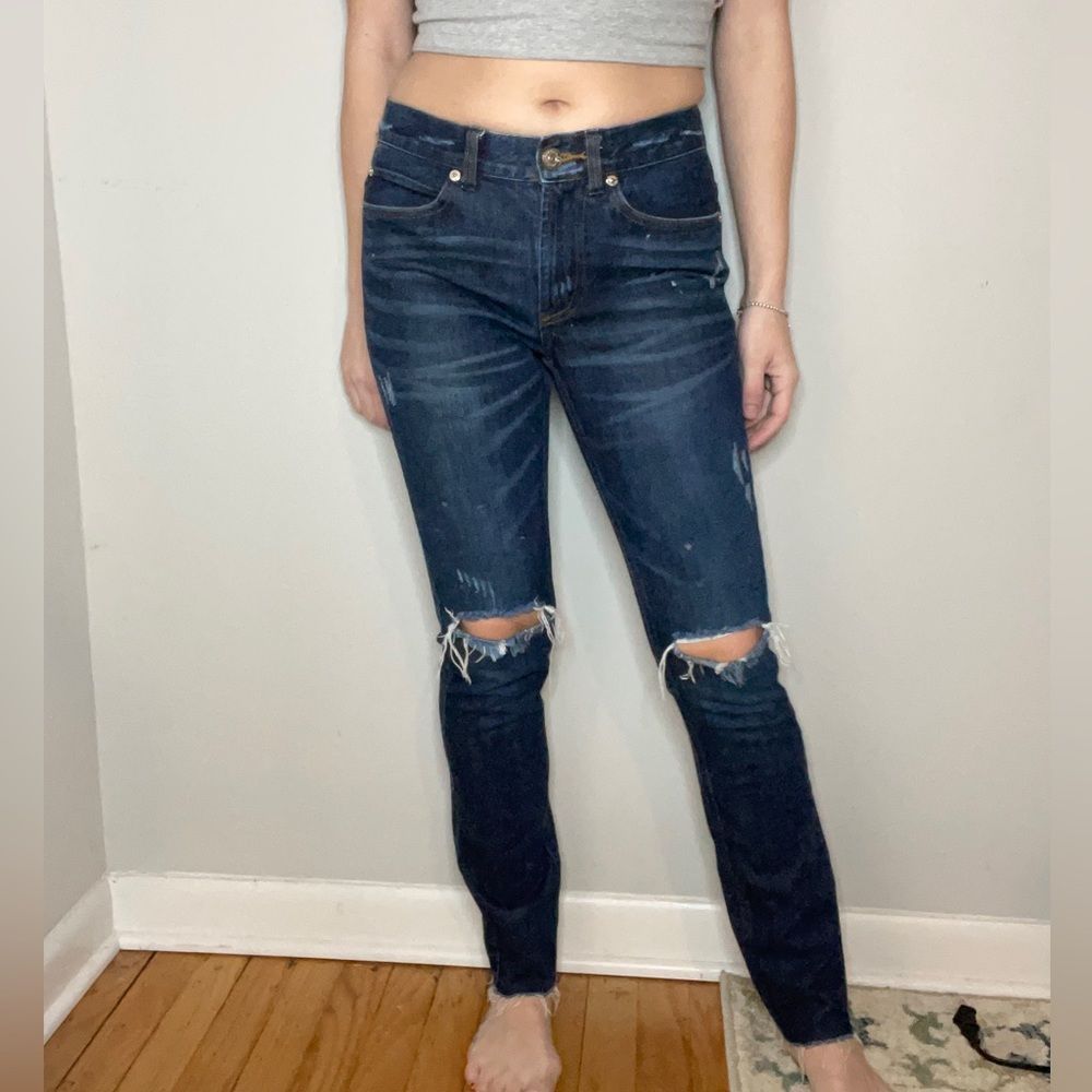 PacSun Stacked Skinny Dark Wash Distressed Blue denim jeans